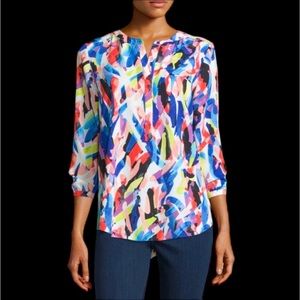 NYDJ blouse 3/4 sleeve split neck printed top Lazuli Strokes blue PS